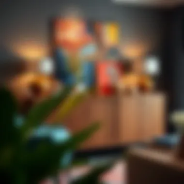 Colorful decor accents complementing a 90-inch credenza