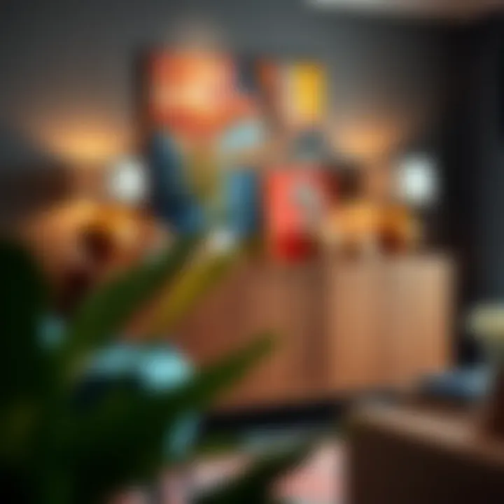 Colorful decor accents complementing a 90-inch credenza