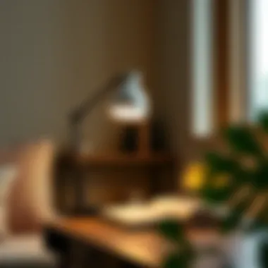 Articulated table lamp in a cozy reading nook.