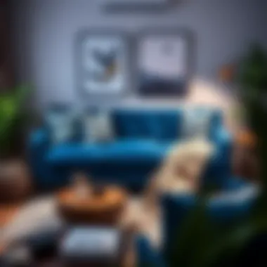 The Big Lots Blue Sofa styled in a cozy home environment with decorative pillows