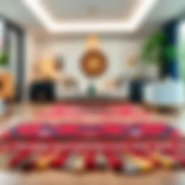 Vibrant Boho Area Rug in Modern Interior A vibrant boho area rug with tassels in a modern interior setting