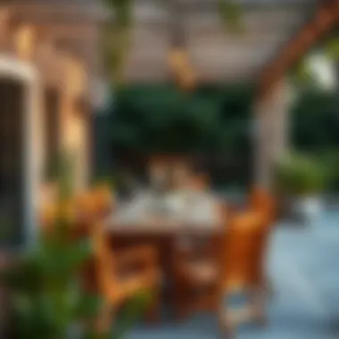 Aesthetic outdoor dining area featuring a wood table set