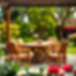 Elegant wooden outdoor dining table set in a garden setting