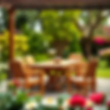 Elegant wooden outdoor dining table set in a garden setting