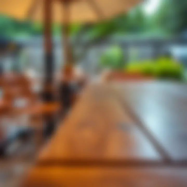 Close-up of a weather-resistant wood outdoor dining table