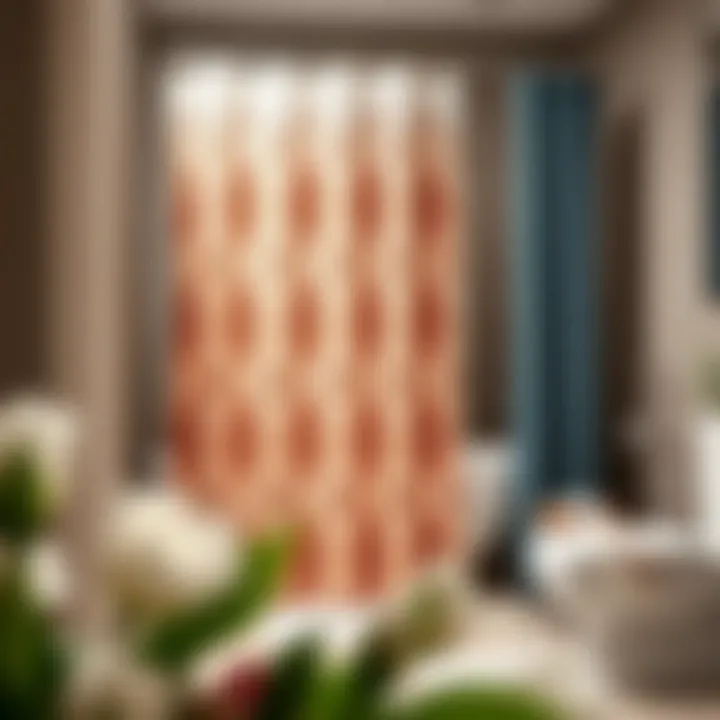 Shower curtain in various decorative styles displayed