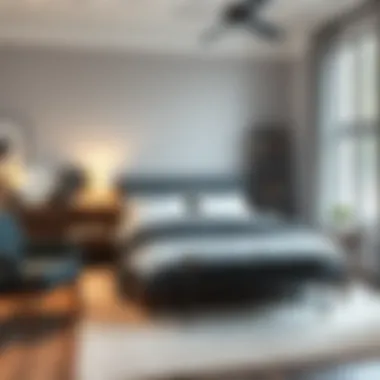 Harmonious Bedroom Decor with Grey Bed A beautifully arranged bedroom featuring coordinating furnishings with a grey queen bed