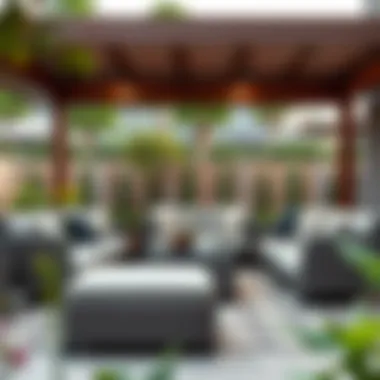 A beautifully arranged outdoor lounge area with ottomans