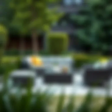 Stylish outdoor ottoman set in a serene garden setting