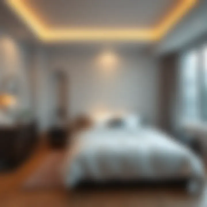 A cozy bedroom featuring various minimalist lighting options