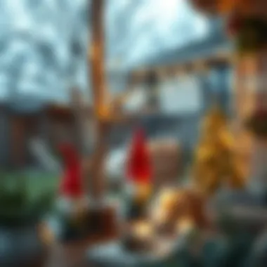 A cozy outdoor setting featuring gnome tree decorations and ambient lighting