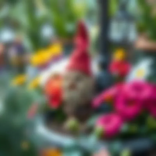 Whimsical Gnome Decor in Floral Setting Whimsical gnome tree decor nestled among vibrant flowers
