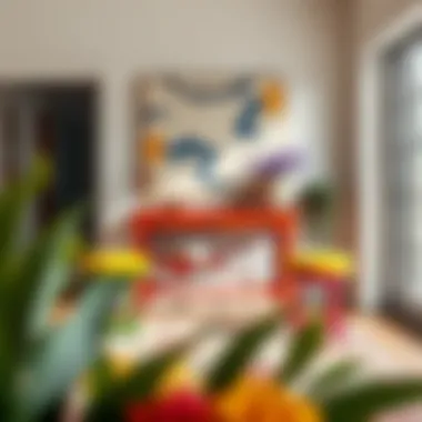 Colorful entryway console table with vibrant stools enhancing the space