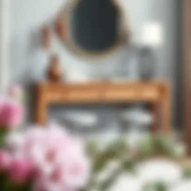 Elegant wooden entryway console table paired with chic stools