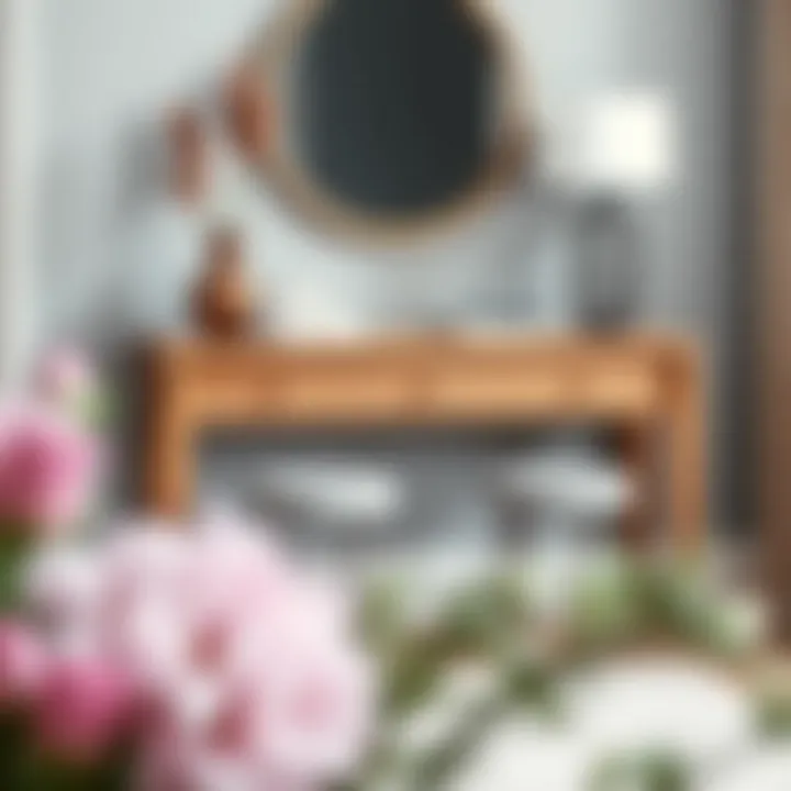 Elegant wooden entryway console table paired with chic stools