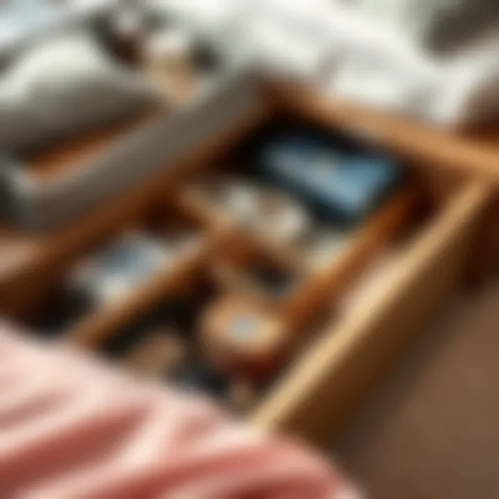 Efficient Storage: Organized Drawers of a Storage Bed Organized drawers of a storage bed filled with essentials