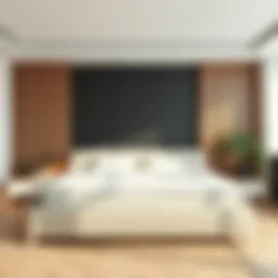 A contemporary low bed frame in a minimalist bedroom setting.