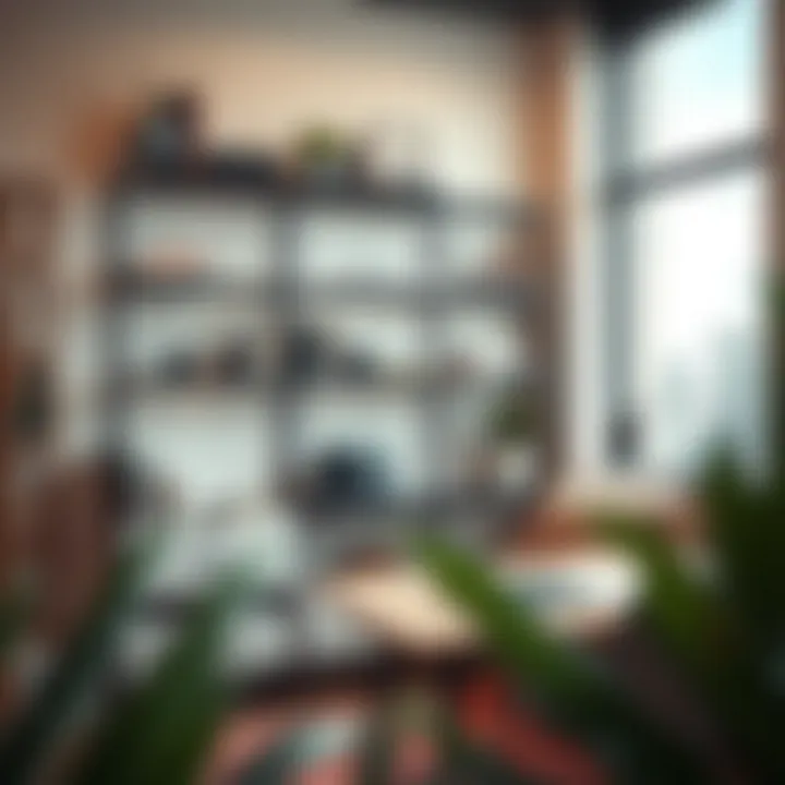 Black wire shelves enhancing a chic office space