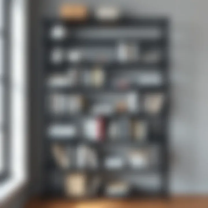 Functional black wire storage shelf filled with books