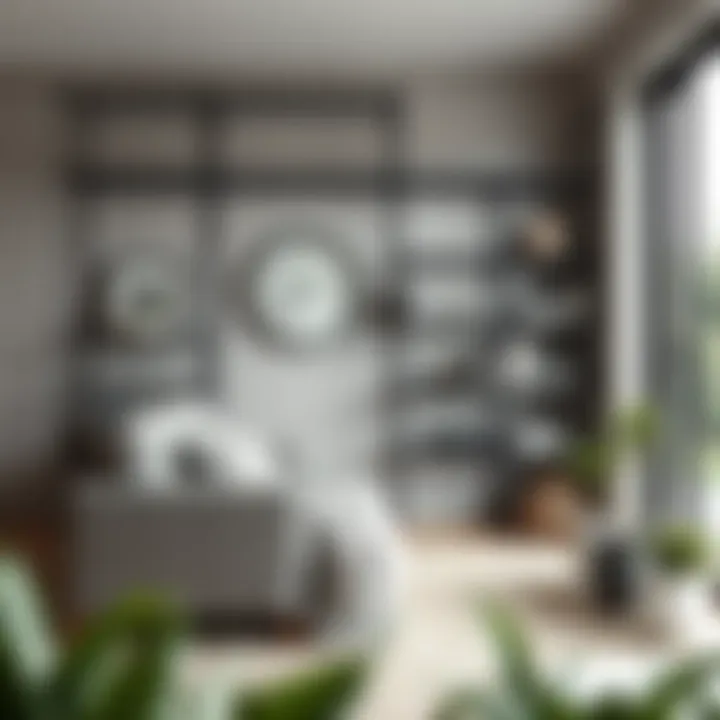 Stylish black wire shelf in a modern living room