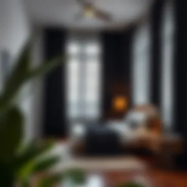 Stylish bedroom featuring black curtains enhancing decor