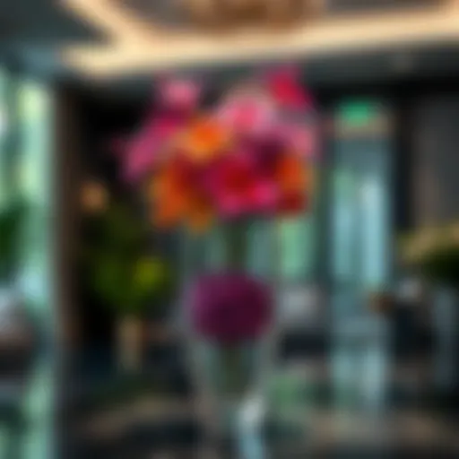 Elegant clear acrylic floor vase showcasing vibrant floral arrangement