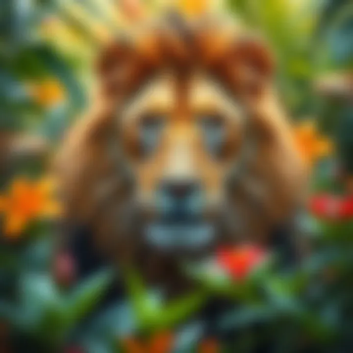 Striking artwork of a majestic lion in a colorful jungle