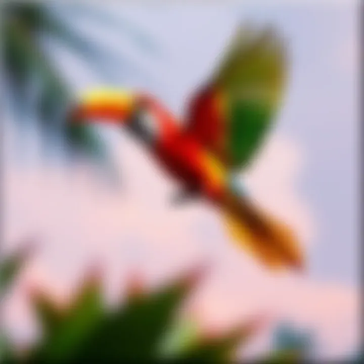 Vibrant canvas depicting a tropical bird in flight