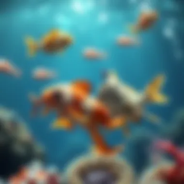 Whimsical portrayal of ocean creatures swimming together