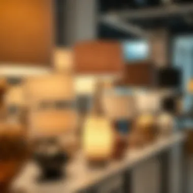 Array of console lamps made from different materials displayed in a showroom