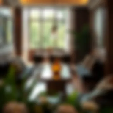 Elegant dining area featuring dark brown seat cushions