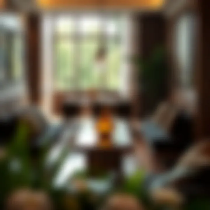 Elegant dining area featuring dark brown seat cushions