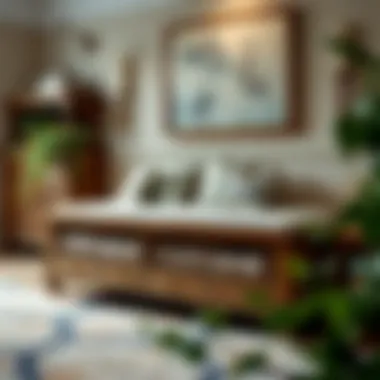 Stylish rustic storage bench adorned with cushions