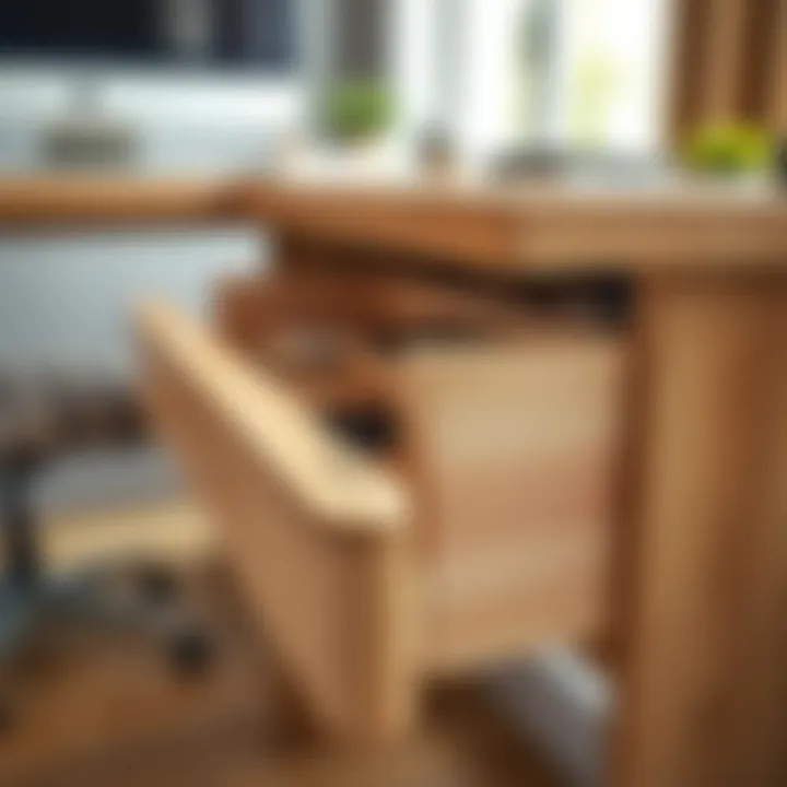 Close-up of drawer details in a corner desk