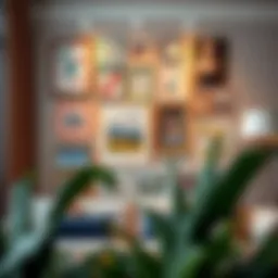 A vibrant gallery wall showcasing a mix of framed artworks and personal photographs