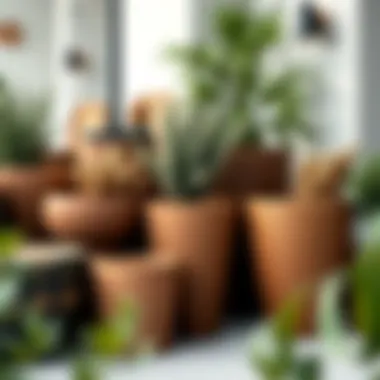 Various materials used for large brown planters displayed together