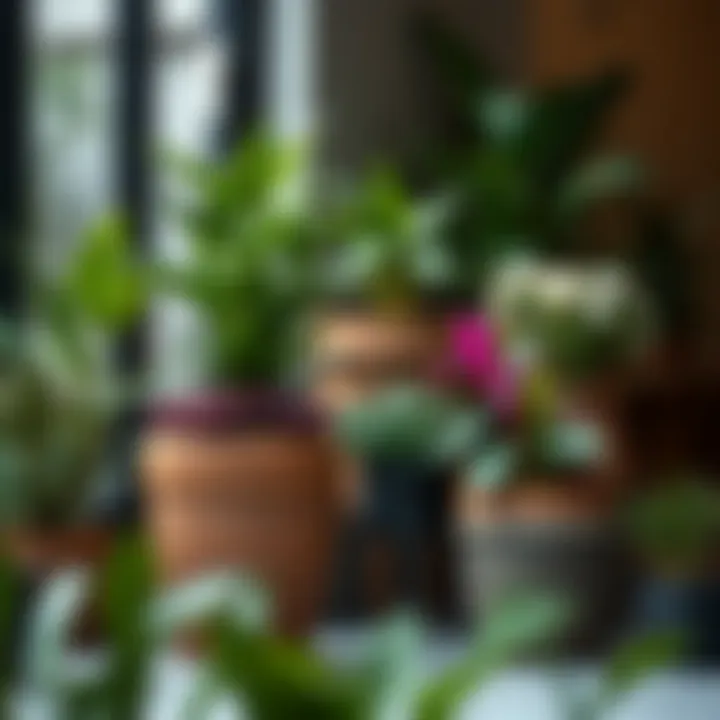 Different plant varieties in large brown planters