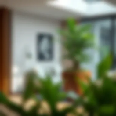 Stylish interior featuring large brown planter with vibrant greenery