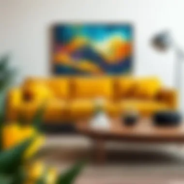 Stylish Mustard Sofa Beside Vibrant Wall Art Stylish mustard sofa set against a vibrant wall art backdrop