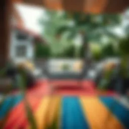 A vibrant outdoor patio rug placed under a stylish seating area