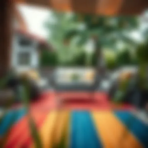Vibrant Outdoor Patio Rug Enhancing a Cozy Seating Area A vibrant outdoor patio rug placed under a stylish seating area