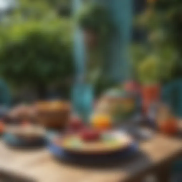 Colorful outdoor tabletop decor featuring vibrant tableware