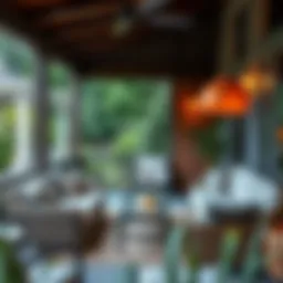 Stylish furniture arrangement on a screened-in porch