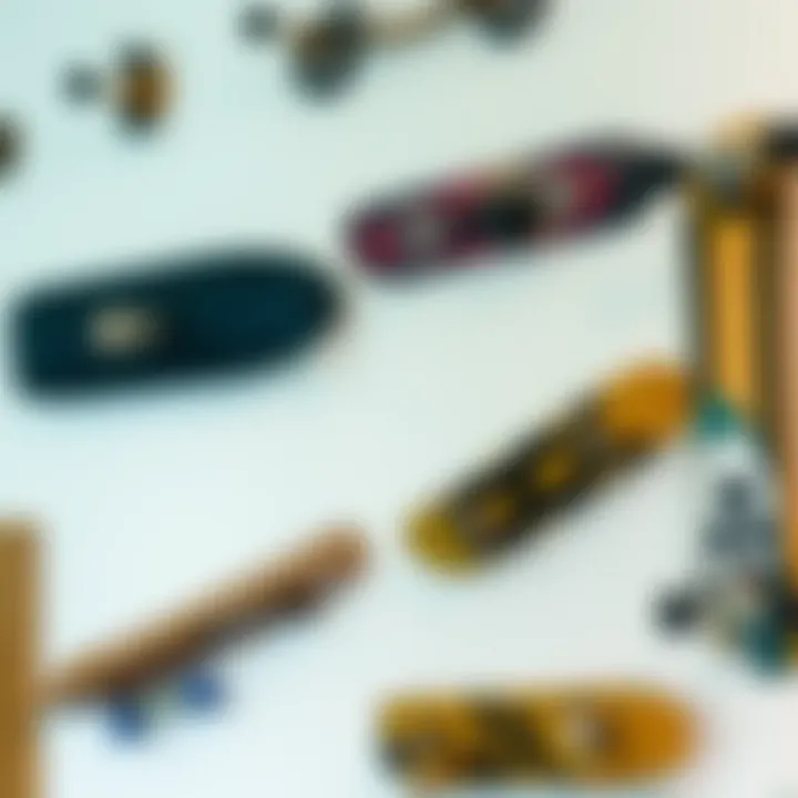 Various types of skateboard holders displayed on a wall