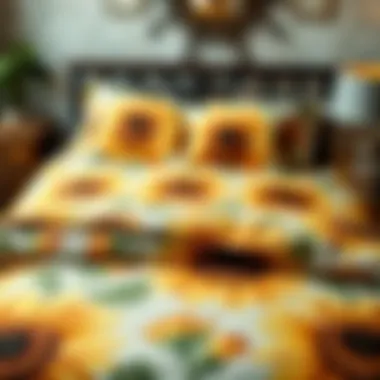 Close-up of sunflower patterns on bedding