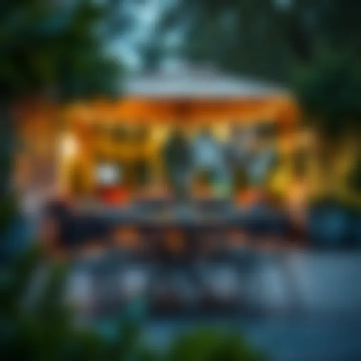 Cozy outdoor dining setup with bistro chairs and ambient lighting