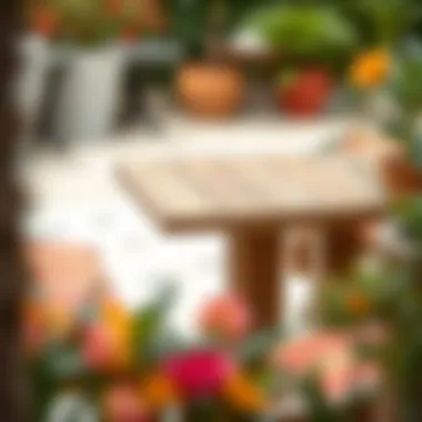 A modern wooden bistro table paired with colorful outdoor cushions