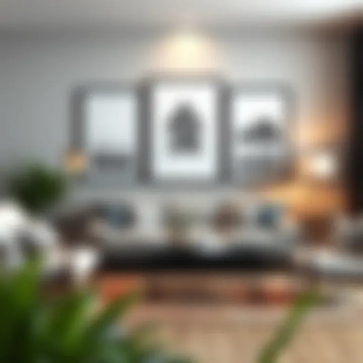 Stylish placement of rustic poster frames in a modern living room