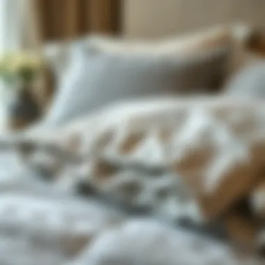 Close-up of luxurious fabric textures in grey and white bedding