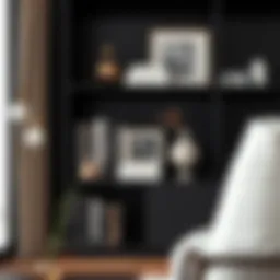 Elegant black wooden shelf showcasing books and decor